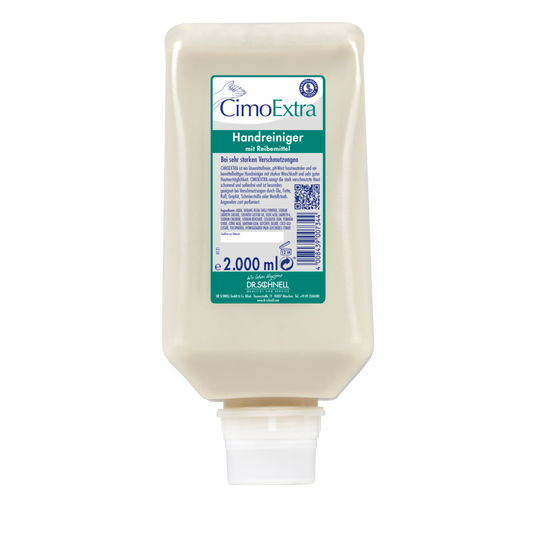 Eine 2000 ml Nachfüllpackung der Dr. Schnell CIMOEXTRA Spenderflaschen Hautreinigung der DR.SCHNELL GmbH & Co. KGaA, mit weißem Verschluss und grün-weißem Etikett, ideal für die schonende Handreinigung in Spenderflaschensystemen.