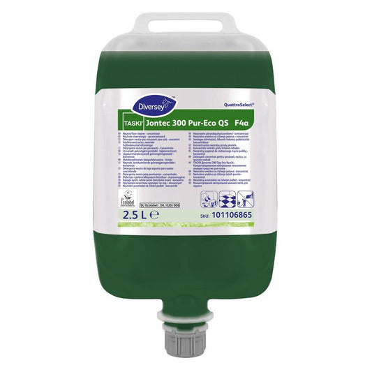 Ein 2,5-Liter-Behälter TASKI Jontec 300 Pur-Eco Bodenreiniger Hochkonzentrat der Diversey Deutschland GmbH & Co. OHG mit Henkel, Auslaufschnabel und beschrifteter Produktinfo; Reinigungslösung ist biologisch abbaubar.