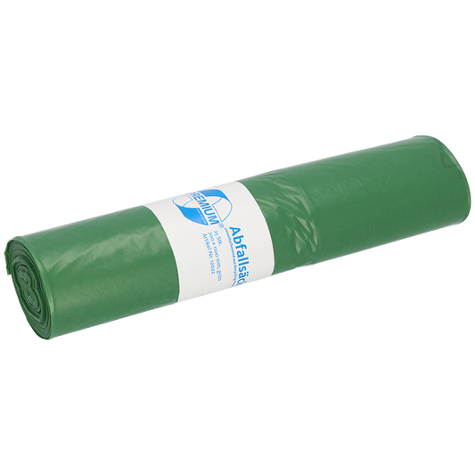 Eine Rolle grüner Müllsäcke der EMIL DEISS KG (GmbH + Co.), DEISS 12022 - 700x1100 mm Typ 60, Rolle (25 Stück), mit einem weiß-blauen Etikett in der Mitte, wird vor einem unifarbenen Hintergrund dargestellt.