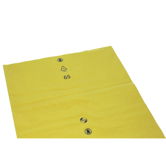 Die DEISS Müllsäcke lose 575x1000x0,01 mm aus LDPE 70 l der EMIL DEISS KG (GmbH + Co.) sind flache gelbe LDPE-Kunststoffsäcke mit einem Recycling-Symbol, der Zahl 65 und zwei schwarzen Symbolen auf weißem Grund.