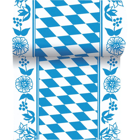 Der Dunicel-Tischläufer 20 m x 15 cm der Duni GmbH hat eine blau-weiße Raute in der Mitte und blaue Blumen an den Seiten - ideal für eine stilvolle Tischdekoration.