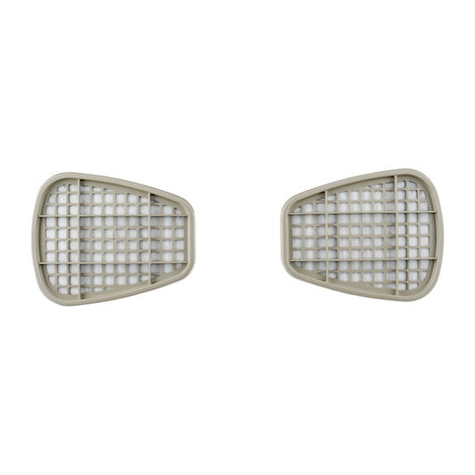 Zwei beigefarbene, gitterförmig gemusterte 3M™ Filterpatrone 6059 (ABEK1-Kombifilter) der 3M Deutschland GmbH sind nebeneinander auf weißem Grund platziert, jeweils trapezförmig mit abgerundeten Ecken und einem Gittermuster.