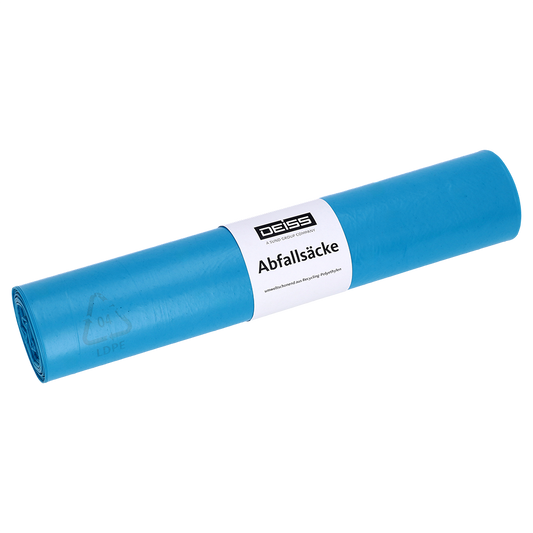 Eine Rolle DEISS Abfallsäcke aus Recycling-LDPE 120 (15 Stück) der EMIL DEISS KG (GmbH + Co.), beschriftet mit "Abfallsäcke" und "DEISS", liegt auf einer schlichten weißen Fläche. Die blauen 120L-Recycling-LDPE-Säcke sind mit einem weißen Etikett versehen und werden sauber verpackt.