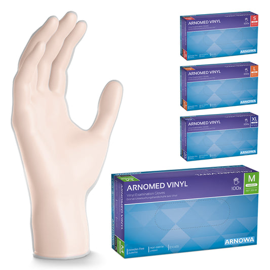 Eine Handpuppe steht aufrecht neben vier Schachteln ARNOMED VINYL PF Tastsensible Einmalhandschuhe aus Vinyl der ARNOWA GmbH in den Größen S, M, L, XL. Die mittlere Schachtel steht vorne. Die latexfreien Handschuhe sind ideal für präzises Arbeiten.