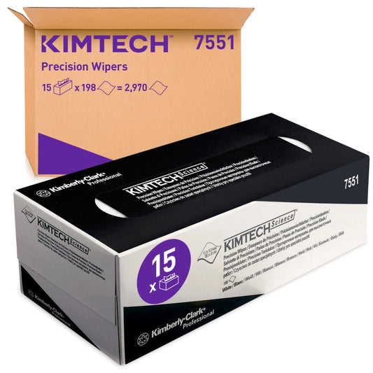 Abgebildet sind zwei Kimtech® Science Präzisionstücher-Boxen der Kimberly-Clark GmbH: ein brauner Versandkarton (15x196 Blatt) und eine schwarz-weiße Verkaufsbox für die Reinigung empfindlicher Oberflächen.