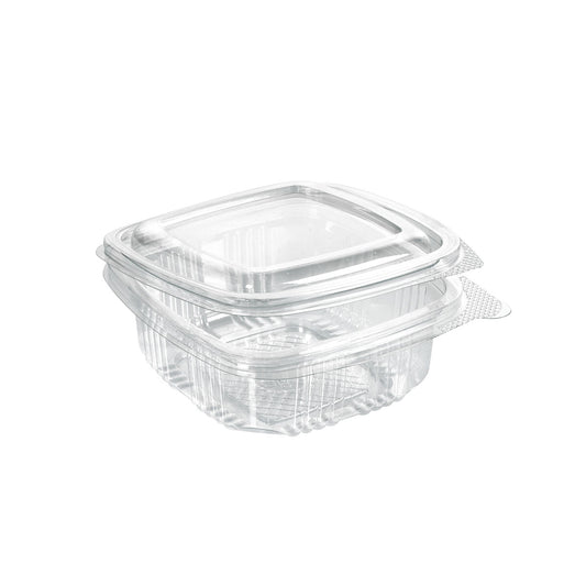 Der rPET Deli Hinged Transparent Container der Duni GmbH, eine klare, quadratische Lebensmittelverpackung mit Scharnierdeckel, ist geschlossen und leer auf weißem Hintergrund abgebildet.