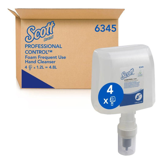 Ein "Scott® Control™ Schaum-Handreiniger | Karton (4 Kartuschen)" von Kimberly-Clark GmbH steht neben einer Nachfüllflasche mit Pumpe-perfekt zur Einhaltung von Handhygieneprotokollen.