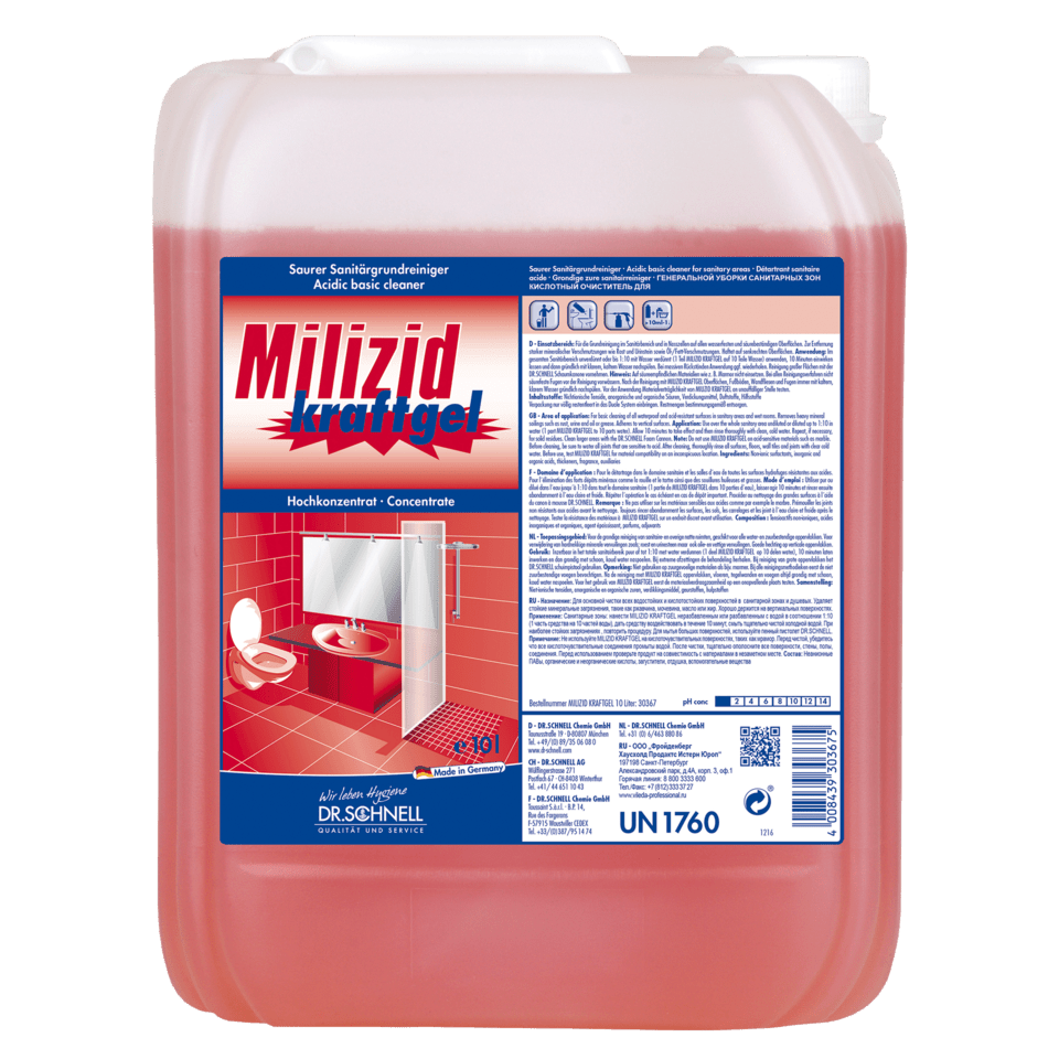 Un recipiente grande y transparente de plástico de Dr. Schnell Limpiador sanitario MILIZID Kraftgel (ácido, para limpieza a fondo) de DR.SCHNELL GmbH & Co. KGaA, que contiene un líquido rojo e incluye instrucciones en alemán para la eliminación de depósitos minerales.