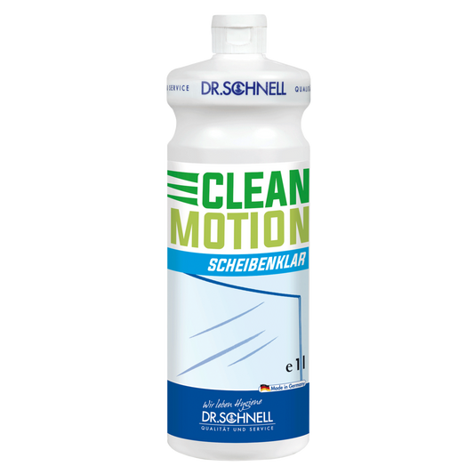 Eine weiße 1L-Kunststoffflasche mit der Aufschrift "Dr. Schnell CLEANMOTION SCHEIBENKLAR" der DR.SCHNELL GmbH & Co. KGaA mit blauer, grüner und gelber Schrift sowie einer Fensterabbildung; dieser Glasreiniger sorgt für eine schlierenfreie, kristallklare Reinigung.