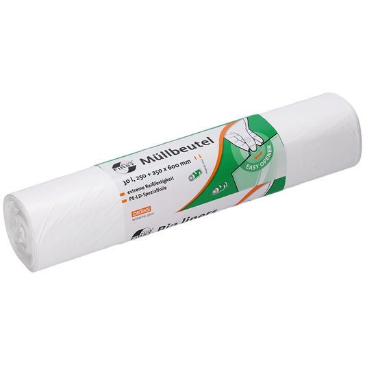 Eine Rolle der EMIL DEISS KG (GmbH + Co.) DEISS 36101 Müllbeutel, 250+250x600 mm, weiß, Rolle mit 50 Stück. Mit deutscher Beschriftung, Hand-Symbol zum Entnehmen, Größenangabe und grünem "easy open"-Symbol auf der Verpackung.