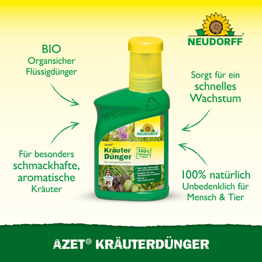Eine grün-gelbe Flasche Neudorff Shop Azet KräuterDünger flüssig ist mit einem deutschen Text abgebildet, der die biologischen, natürlichen und sicheren Eigenschaften für Menschen und Haustiere hervorhebt und gesündere Kräuter mit besserem Wachstum und Geschmack fördert.
