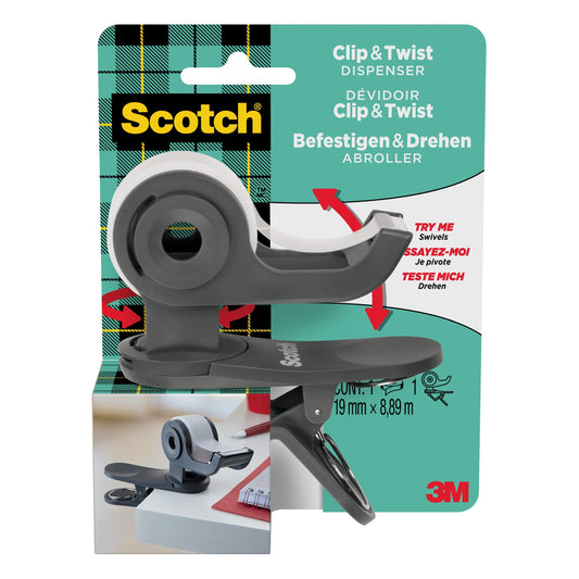 Der Scotch™ Clip & Twist Klebeband-Abroller C19 von 3M Deutschland GmbH ist in einer Verpackung mit einer Rolle Scotch® Magic™ Unsichtbares Klebeband (19 mm × 8,89 m) abgebildet, die an einer Tischkante befestigt ist. Branding und Anwendungshinweise sind sichtbar.