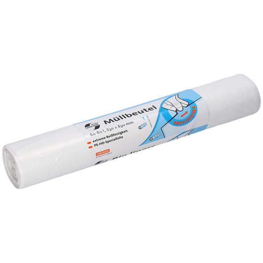 Eine Rolle weißer EMIL DEISS KG DEISS 46923 Müllbeutel (630x850x0,01 mm, 50 Stück) weist eine deutsche Verpackung mit einem blau-weißen Etikett auf, das eine Hand zeigt, die einen Beutel zieht, und hebt das einfache Öffnen und die Produktangaben hervor.