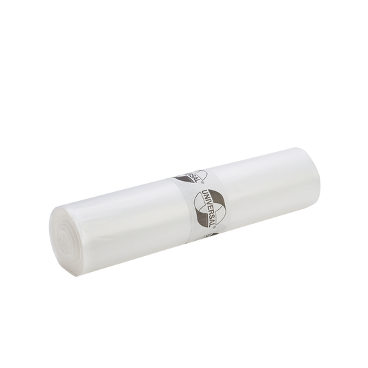 Eine Rolle DEISS 49001 Müllbeutel (700x1100x0,023 mm, 50 Stück) von EMIL DEISS KG (GmbH + Co.) mit weiß-schwarzem Etikett liegt auf schlicht weißem Hintergrund - ideal für effiziente Abfallentsorgung.