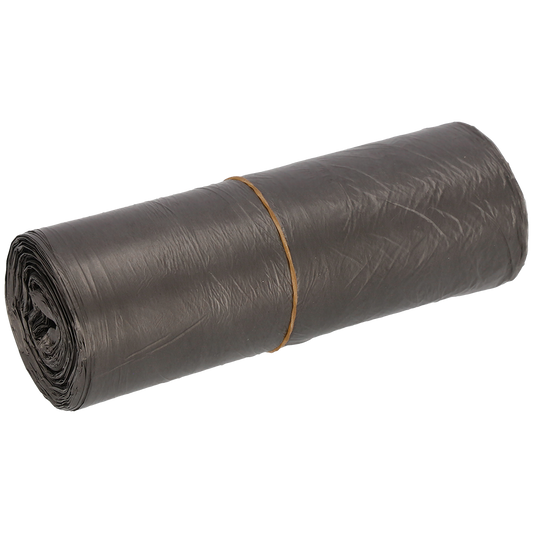 Eine Rolle EMIL DEISS KG (GmbH + Co.) DEISS 54095 graue Müllsäcke (500x580 mm, 50 Stück), gesichert mit einem braunen Gummiband, ist auf einem einfarbig weißen Hintergrund platziert.