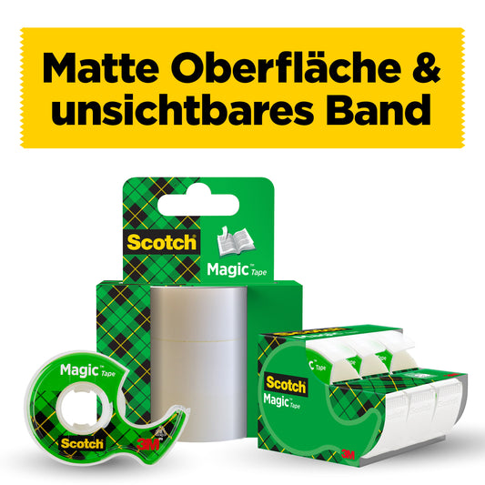 Scotch® Magic™ Unsichtbares Klebeband (19 mm x 25 mm) von 3M Deutschland GmbH im grünen Plaiddesign wird mit einem Handabroller gezeigt. Darüber steht: "Matte Oberfläche & unsichtbares Band.