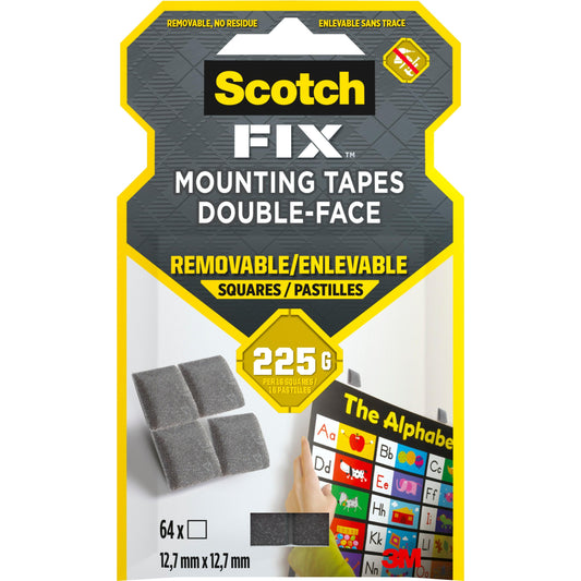 Die Verpackung für 3M Scotch-FIX™ Removable Mounting Squares 108-ST64-P, 12,7x12,7mm, 64 Stück/Packung, zeigt vier graue Quadrate und einen Teil eines Alphabet-Posters. Text in Englisch und Französisch. Marke: 3M Deutschland GmbH.
