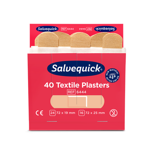 Eine geöffnete rote Orkla Wound Care AB Textilgips-Schachtel (40 stk./Nachfüllung, 6 Stück) zeigt innen beige Pflaster und auf der Vorderseite Größen, Produktinformationen und Zertifizierungssymbole.