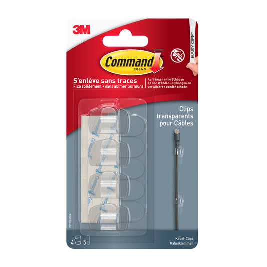 Eine Packung 3M Deutschland GmbH Command™ transparente Clips für runde Kabel, 17017CLR, enthält 4 Clips und 5 Klebestreifen (1 Stück), abgebildet in einer transparenten Kunststoffblisterverpackung.