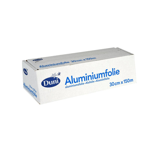 Ein rechteckiger silberner Aluminiumfolie Abrollkarton der Duni GmbH, blau beschriftet mit "Aluminiumfolie", 30 cm x 150 m, ideal für hitzebeständige Lebensmittelverpackung.