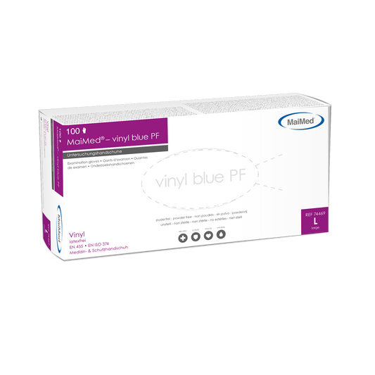 MaiMed-vinylblå PF, usterile, pudderfrie vinylundersøkelseshansker 100 stk/eske