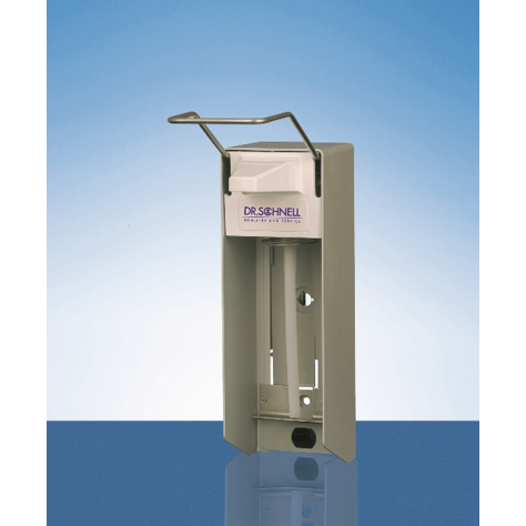 Der Dr. Schnell Spender manuell, Euroflasche von DR.SCHNELL GmbH & Co. KGaA ist ein wandmontierter Spender für Seife oder Desinfektionsmittel mit oberem Hebel und "Dr. Schnell"-Schriftzug, dargestellt auf einem blauen Hintergrund mit Farbverlauf und einer reflektierenden Oberfläche darunter.