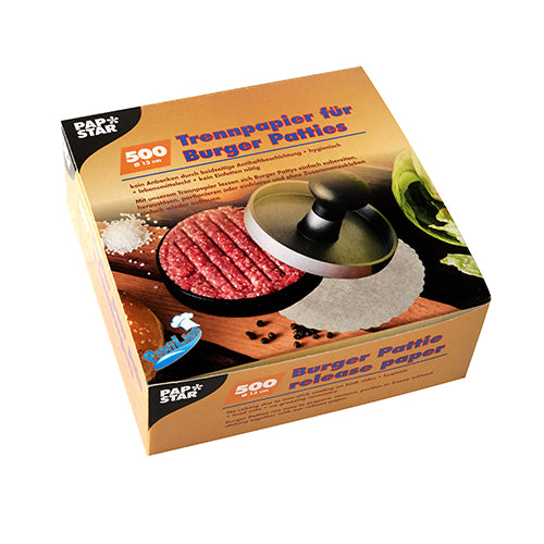PAPSTAR Trennpapiere für Burger Patties, Ø 13 cm, weiß (500 Stück) in Faltschachtel von PAPSTAR GmbH - ideal zum einfachen Trennen von Burger-Patties.
