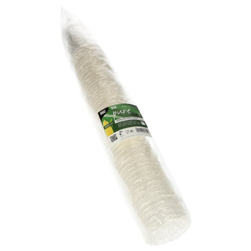 Eine Packung mit 50 PAPSTAR GmbH Kaltgetränkebecher PLA "pure" glasklar Einwegbecher, biologisch abbaubar, einzeln und transparent verpackt - ideal für kalte Getränke.
