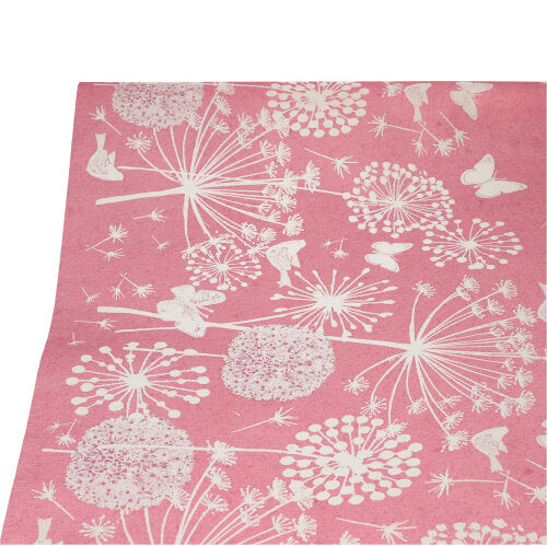 Die PAPSTAR Tischdecke der PAPSTAR GmbH (Papier, 3 m x 1,2 m) verfügt über ein rosa Design mit weißen Löwenzahnblüten, Schmetterlingen und Blumen auf einem schlichten Hintergrund für eine elegante Note.