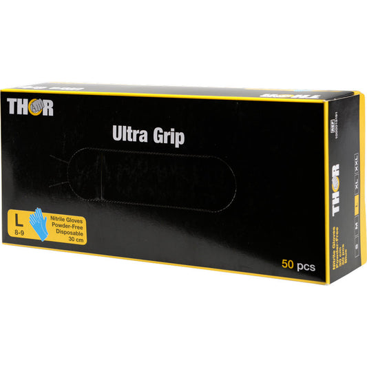 Eine blaue Box mit der Aufschrift "Thor Ultra Grip Long" der Abena Re-Seller GmbH enthält 50 große, puderfreie Einweg-Nitril-Handschuhe (30 cm).
