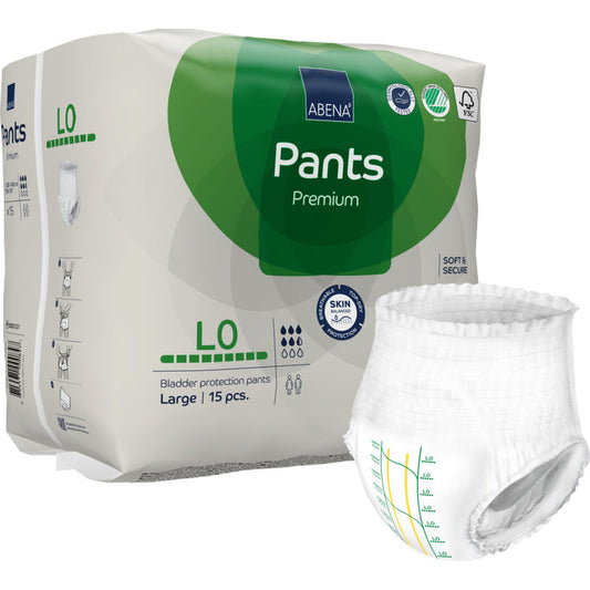 Eine 15-teilige Packung ABENA Pants Premium L von Abena Re-Seller GmbH, Größe Large. Eine Hose ist außerhalb der Verpackung abgebildet. Sie hat eine deutliche Größenmarkierung und elastische Beinöffnungen für einen effektiven Auslaufschutz.