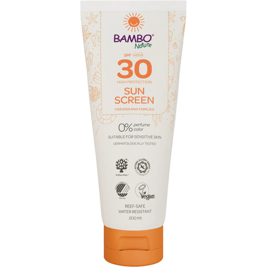 Eine 200ml Tube Bambo Nature Sonnencreme LSF30 von Abena Re-Seller GmbH - farb- und parfümfrei, hoher Schutz für empfindliche Haut, dermatologisch getestet, vegan, riffsicher und wasserfest. Verkauft in Kartons mit 6 Stück.