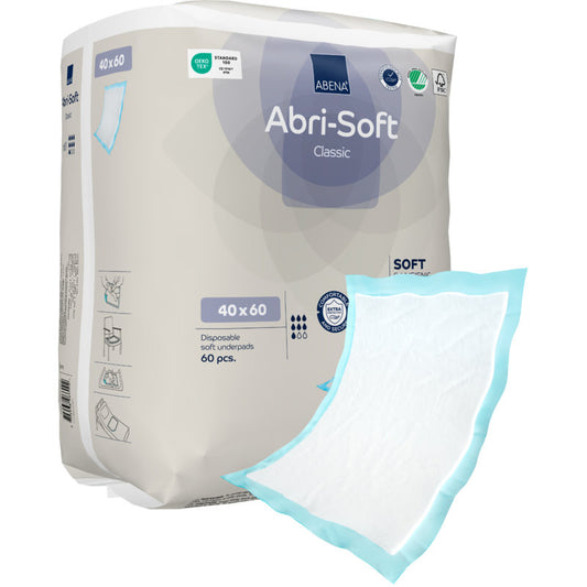 Abgebildet ist eine 60er-Packung der Abena Re-Seller GmbH Einweg-Unterlage Abri-Soft Classic (40x60 cm, blau) mit einer Unterlage außerhalb der Verpackung mit weißem Saugkern und blauem Rand.