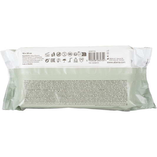 Eine Packung der Abena Re-Seller GmbH Auslaufartikel: Abena Feuchtpflegetücher (Softbox mit Kunststoffdeckel, 80 Tücher) mit Text, Barcode und Symbolen auf der Rückseite - perfekt für die sanfte Reinigung und Hygiene unterwegs.