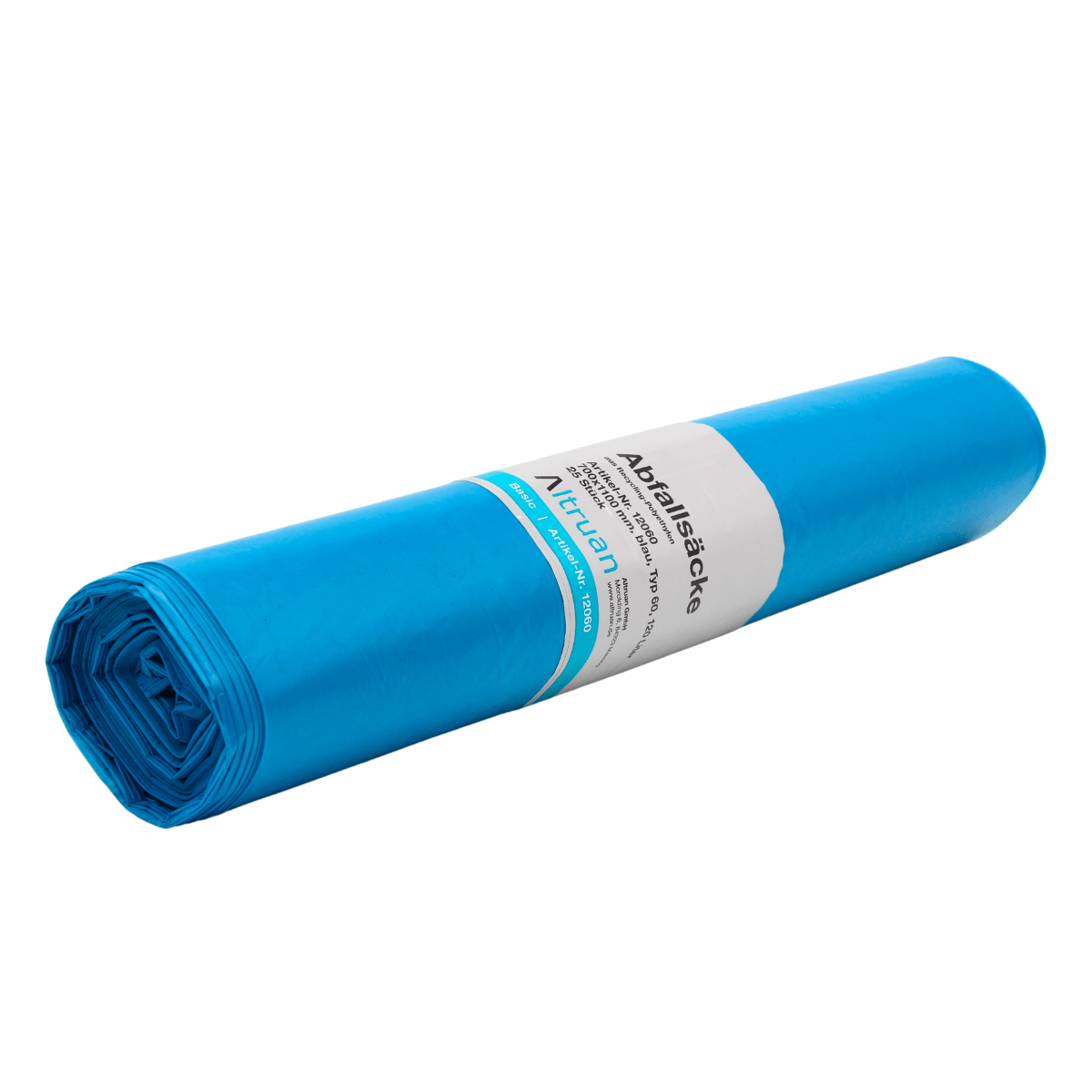 A roll of Altruan garbage bags 120 liters type 60, 12060 Basic, blue garbage bags isolated on white background. The label on the roll indicates that the product is intended for professional use and is made from recycled LDPE.
