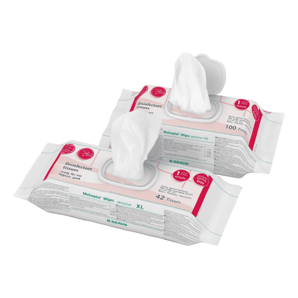 Se necesitan dos envases B. Braun Toallitas desinfectantes Meliseptol® Wipes sensitive. El primer envase, ofrecido por B. Braun Deutschland GmbH & Co. KG: el primer envase contiene 100 toallitas y el segundo, identificado como XL, contiene 42 toallitas. Ambos envases son de color blanco y llevan impreso texto y logotipos. Son perfectos para una desinfección rápida; cada envase cuenta con una toallita parcialmente extraída para facilitar su uso.