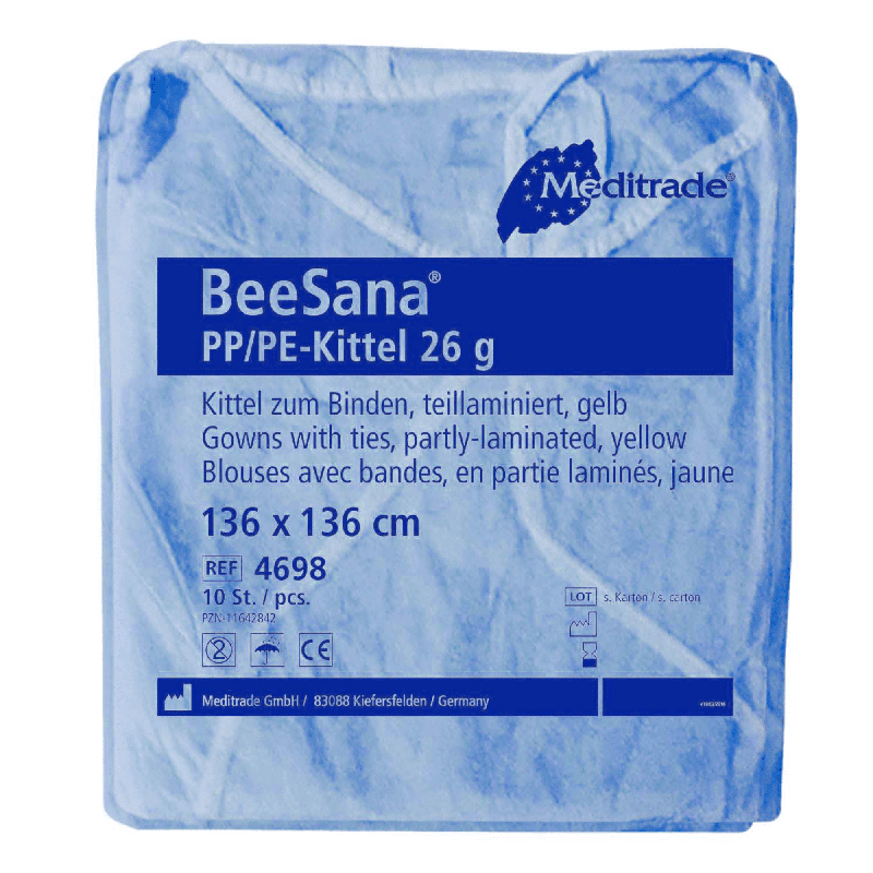 Una bata Meditrade BeeSana® de PP/PE de 26 g, en un paquete de 10 unidades, con una etiqueta en la que se indican detalles del producto como el material, el color, la talla y la cantidad por paquete. Esta bata está diseñada como prenda de protección.