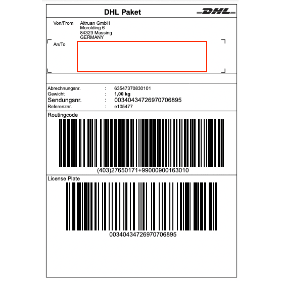 A DHL label from Altruan GmbH (Morolding 6, 84323 Massing, Germany) contains barcodes and a weight of 1.00 kg with the tracking number 00340434276970706895. The recipient address is empty for updates via the PackMaster App: Weclapp Logistics Packing App to improve the efficiency of shipping labels.