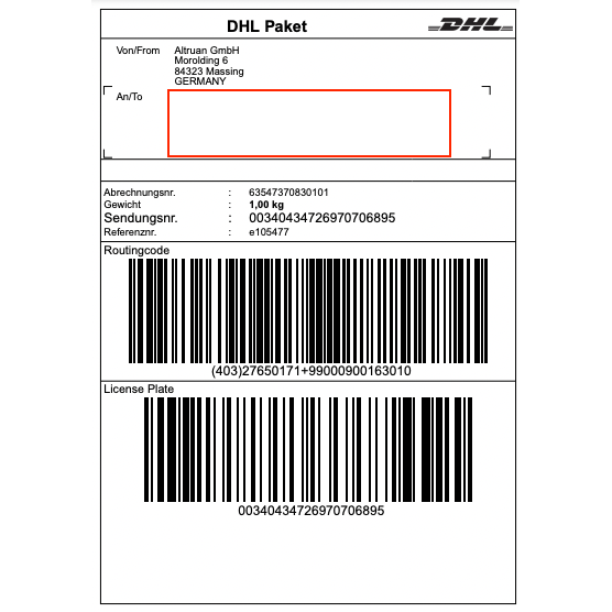 Ein DHL-Label der Altruan GmbH (Morolding 6, 84323 Massing, Deutschland) enthält Barcodes und ein Gewicht von 1,00 kg mit der Trackingnummer 00340434276970706895. Die Empfängeradresse ist für Aktualisierungen über die PackMaster-App leer: Weclapp Logistik Packing App zur Verbesserung der Effizienz von Versandetiketten.