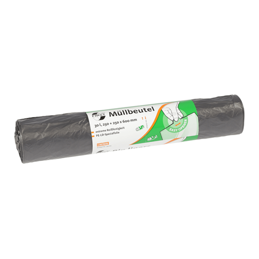 Un rollo de bolsas de basura grises DEISS 34003 de EMIL DEISS KG (GmbH + Co.) incluye una etiqueta con símbolos de reciclaje e información sobre el producto en alemán para bolsas de basura de 30 litros. La etiqueta mide 250 + 250 x 600 mm y muestra la ilustración de una mano que ilustra el diseño «Easy-Opener» para un vaciado cómodo.