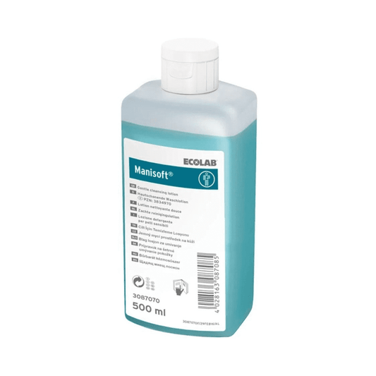 Eine 500 ml Ecolab Manisoft® Waschlotion (Auslaufartikel) in einer Kunststoffflasche mit weißem Flip-Top-Verschluss; hellblau, hautfreundlich, geeignet für hygienische Händedesinfektion. Das Etikett zeigt Produktname, Anwendungshinweise und Barcode.