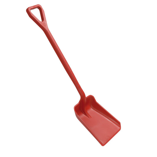 Ein SCHAUFEL KLEIN, EINTEILIG, PP (355x255x1050mm) von Haug Bürsten KG ist in Rot mit einer rechteckigen Schaufel und einem langen Stiel mit dreieckigem Griff vor weißem Hintergrund abgebildet.