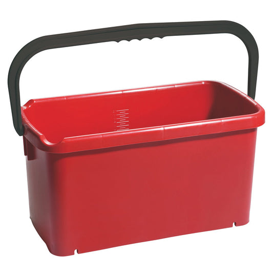 Der EIMER, VIERECKIG, PP von Haug Bürsten KG fasst 20 L (480x235x230 mm), besteht aus rotem Polypropylen und hat einen großen schwarzen Henkel. Der Innenraum ist leer, die Seiten sind glatt, der Boden leicht abgerundet.