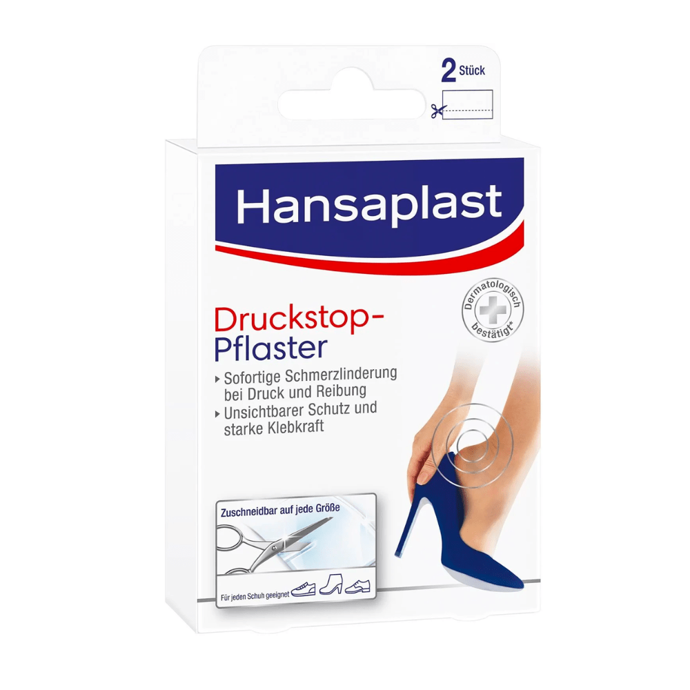 Packaging for the Hansaplast Druckstop bandage by Beiersdorf AG, featuring an image of a woman's foot in a high heel and promising relief from pressure pain. The text is in German and emphasizes "Schutzpol."