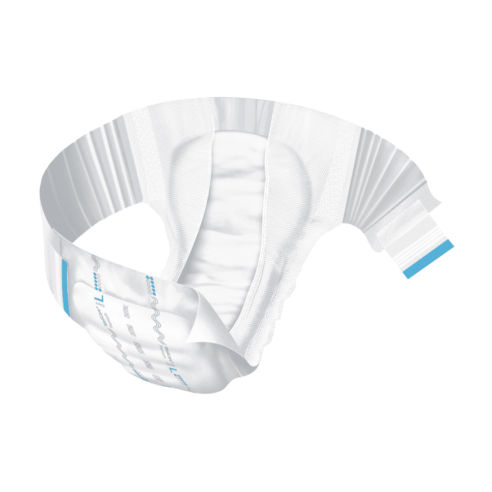 Se muestra un pañal para adultos de la gama Hartmann MoliCare® Premium Elastic de Paul Hartmann AG, con un diseño en blanco y azul, dispuesto en una composición curva sobre un fondo blanco, lo que resalta sus propiedades de absorción y flexibilidad.