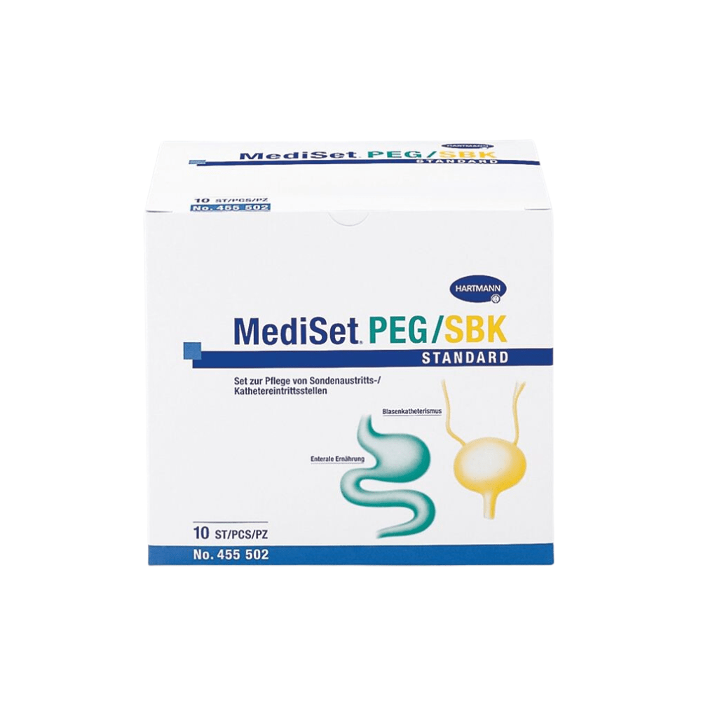 Imagen de una caja con la inscripción «Hartmann MediSet PEG/SPK Standard Katheter-Set, estéril». Este producto de Paul Hartmann AG contiene 10 kits para el cuidado de catéteres. En la parte delantera aparecen ilustraciones del tracto digestivo y del catéter; en el embalaje figura el número de producto 455 502 y texto en alemán.
