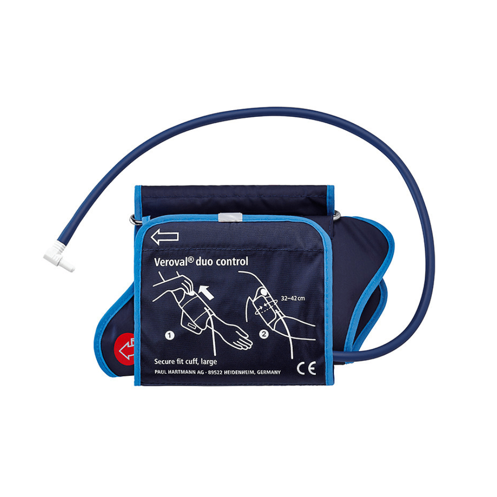 Manguito azul para medir la tensión arterial de Paul Hartmann AG. Manguitos Hartmann Veroval® DUO CONTROL, talla grande | Envase (1 unidad), con ilustraciones explicativas y diseño que garantiza un ajuste seguro, indicado para una circunferencia del brazo de 32 a 42 cm.