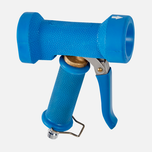 Eine blaue Johannes Kiehl KG Kiehl Sprühpistole, passend für ARCANTEC, mit Anschlussstück für Schlauch 15 und 25, hat Griff mit Struktur, Abzug und Metallclip zur Verriegelung; abgebildet vor weißem Hintergrund.