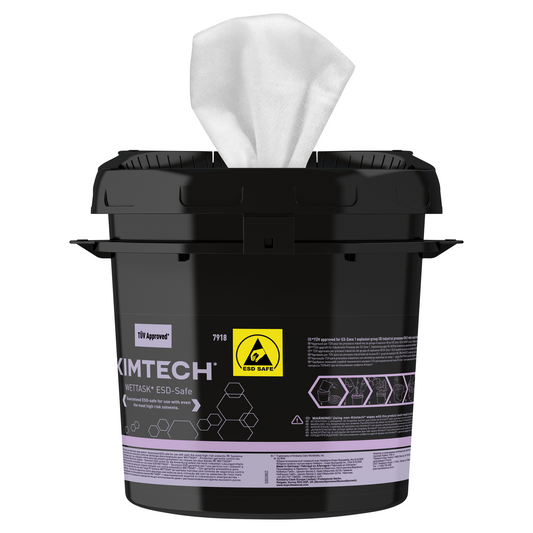 Der schwarze Kimtech® WETTASK* ESD Rollen Wischtuch Spendereimer von Kimberly-Clark GmbH spendet weiße Reinigungstücher und ist mit einem gelben ESD-Safe-Symbol versehen, wodurch er sich ideal für ESD-empfindliche Bereiche eignet. Box enthält 4 Spender.