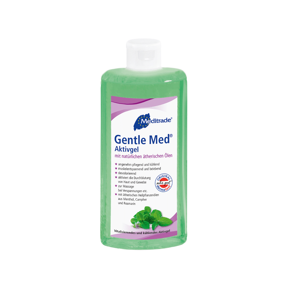 Una botella de 500 ml de Meditrade Gentle Med® Aktivgel, de la empresa Meditrade GmbH, que contiene un gel verde refrescante enriquecido con aceites esenciales naturales, como el mentol y el romero. La etiqueta en alemán se complementa con un tapón abatible blanco.